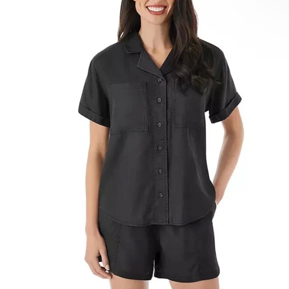 Member's Mark Womens Black Tencel Camp Shirt Relaxed Fit Short Sleeve Size M